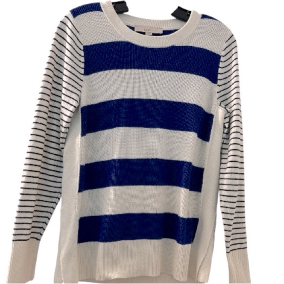 LOFT knit sweater size small. Blue and winter white stripes. Crew neck, - Picture 8 of 9